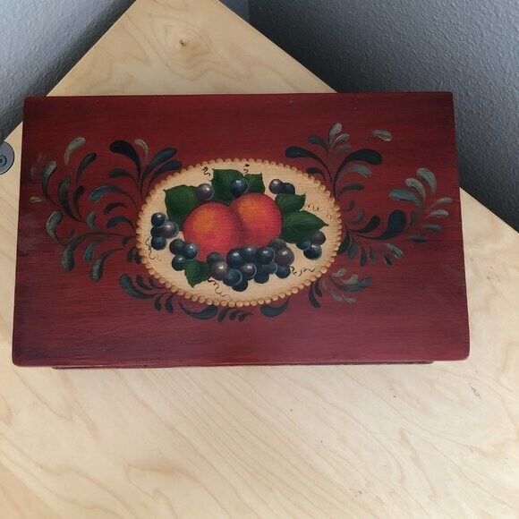 Vintage Hand Painted Brown Multi Fruit Velvet Lined Wooden Box