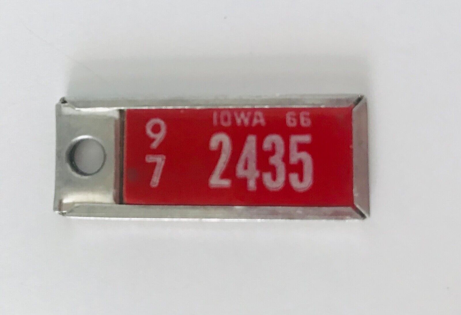 1966 IOWA DAV Keychain License Plate Tag 97 2435 IA US Disabled Veterans Red Fob
