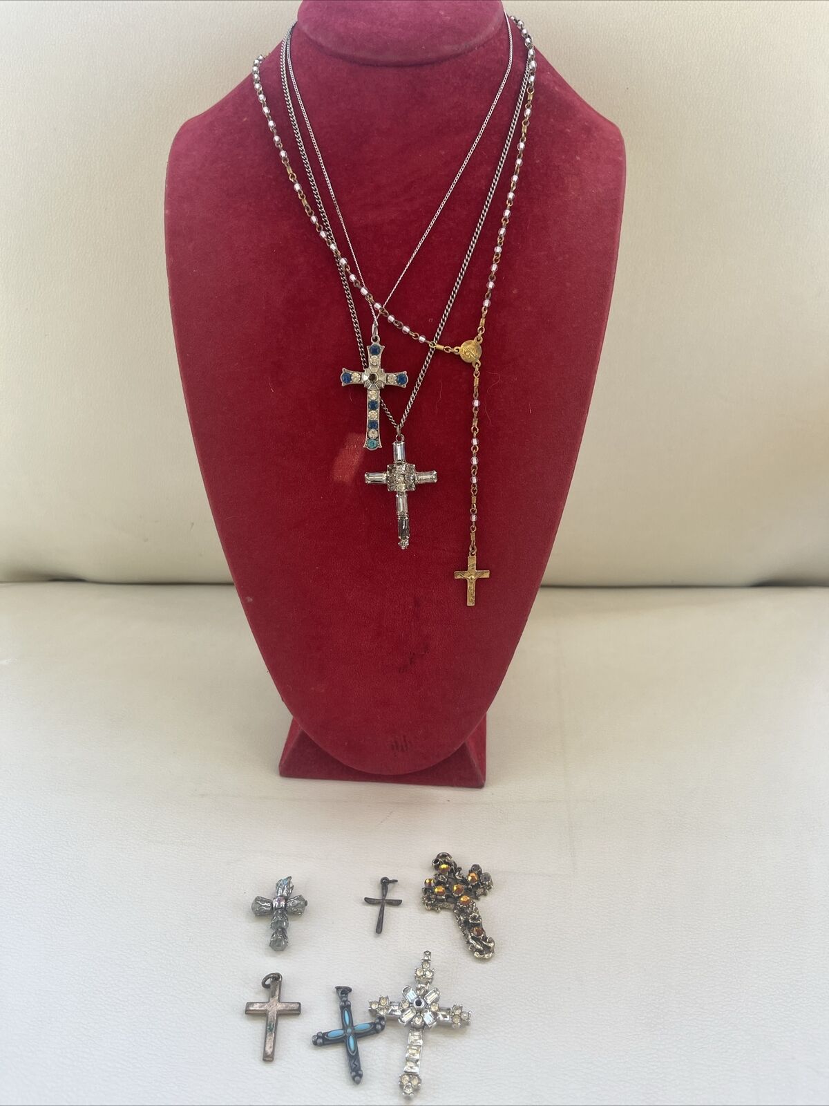 Vintage Lot 9 Cross Pendants Rosary Crucifix Necklace Catholic  Rhinestones