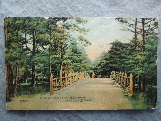 Antique Rustic Bridge, Whalom Park, Fitchburg, Massachusetts Postcard 1916