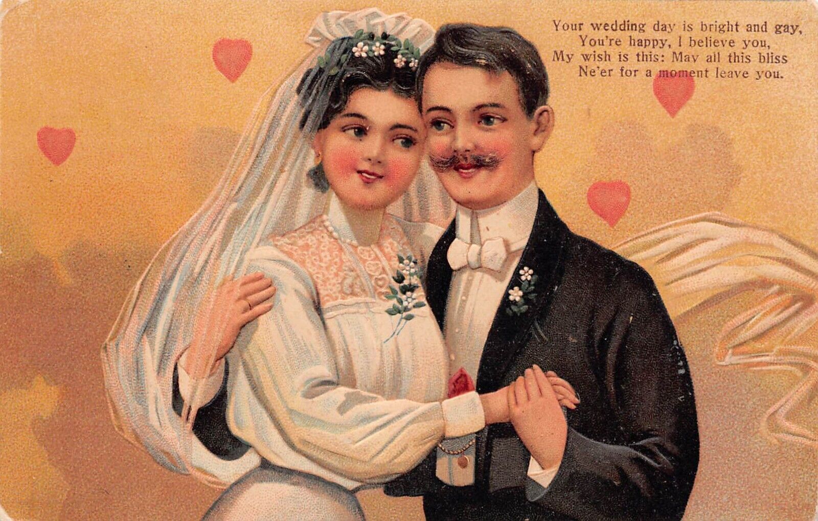 Newly Weds Wedding Valentines Day Romance Love Hearts Victorian Vtg Postcard D8