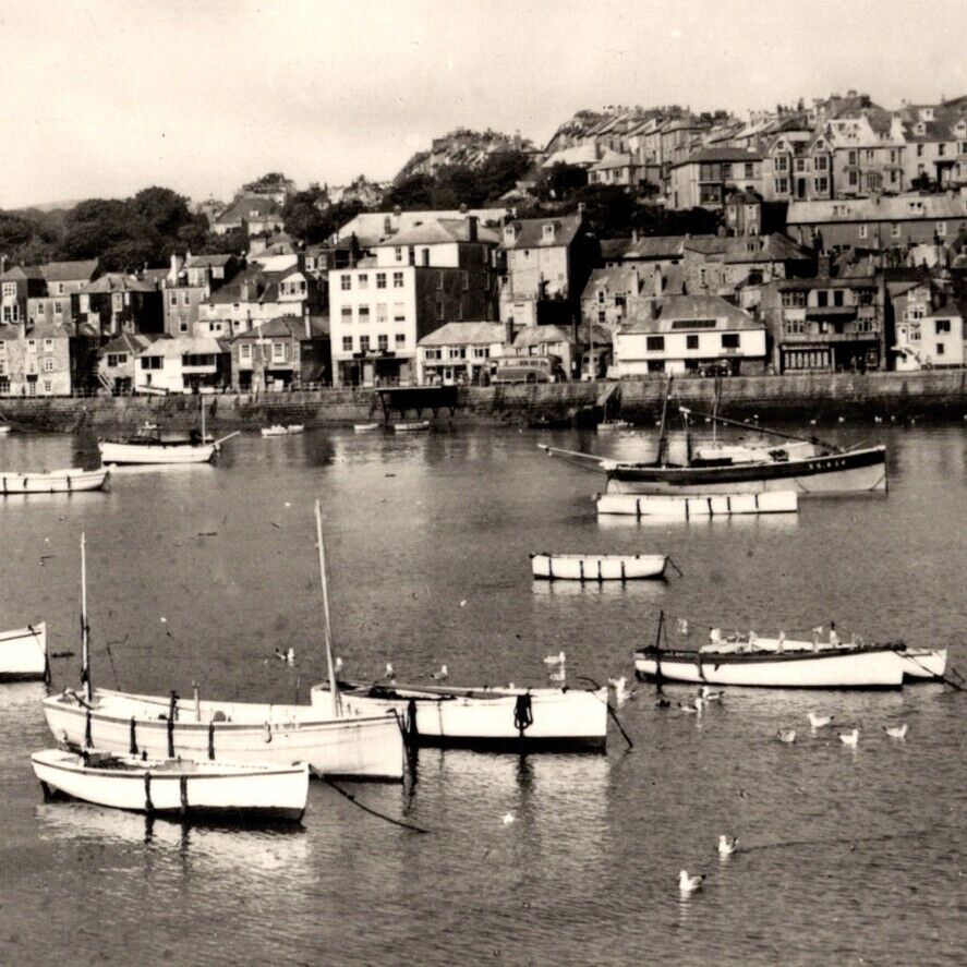 Antique 1920s RPPC St. Ives Harbor Boats Cornwall Village Parthm Postcard UK