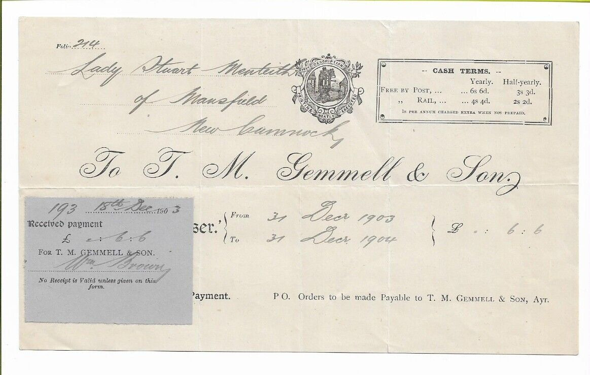 1904 J M Gemmell & Long printers invoice to Lady Stuart Menteth, Mansfield