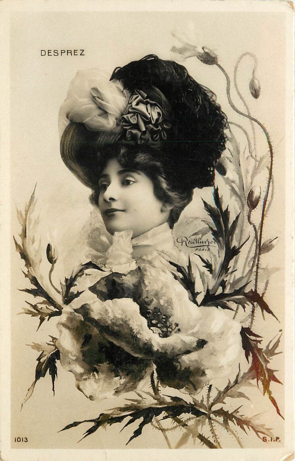 Reutlinger Paris RPPC 1013 French Actress Rene Desprez, Huge Hat, Poppy Vignette
