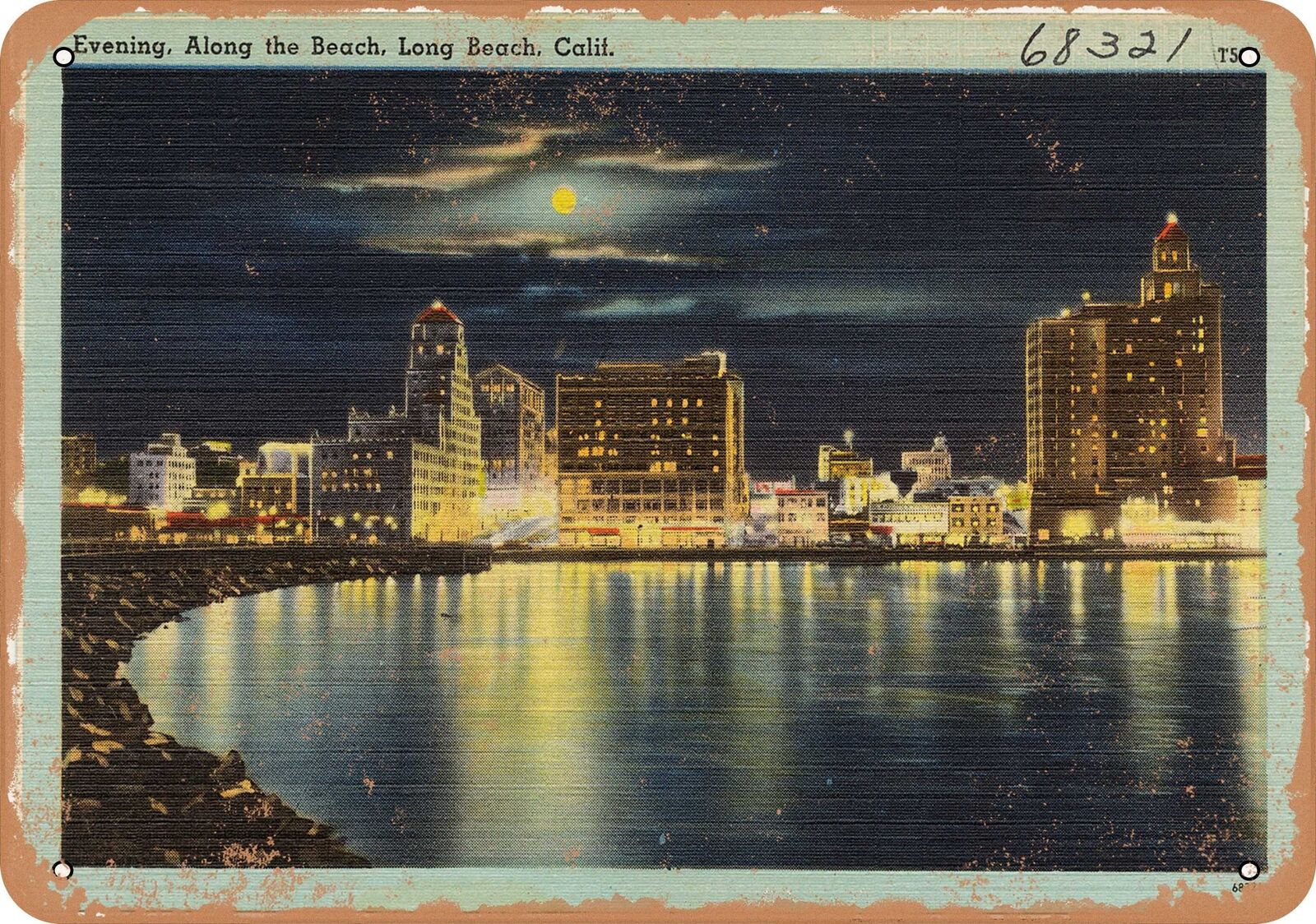 Metal Sign - California Postcard - Evening, along the beach, Long Beach, Calif.