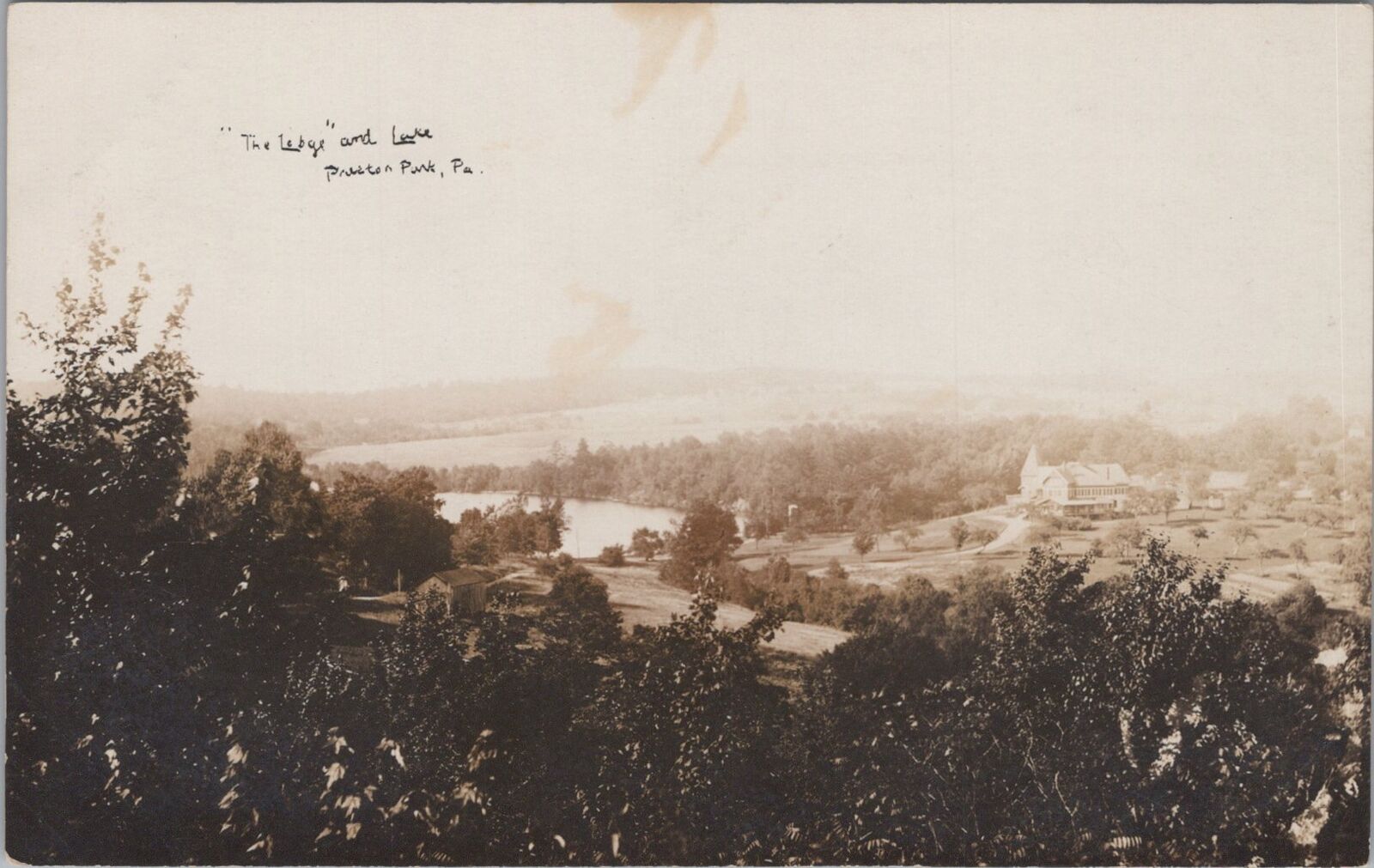 Lodge and Lake Preston Park Pennsylvania c1910s Bird\'s Eye View RPPC Postcard