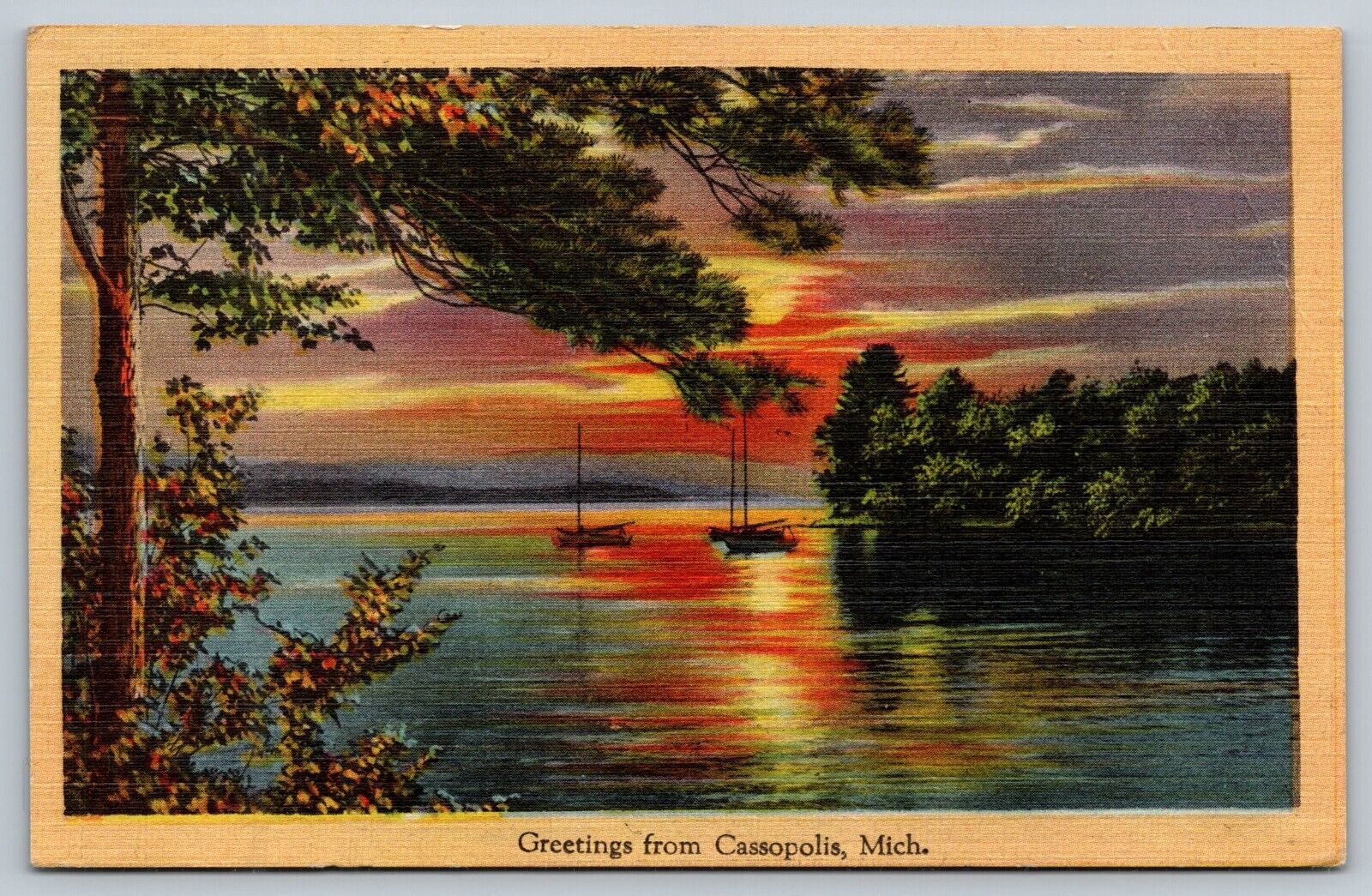 Greetings from Cassopolis Michigan MI Linen Postcard Lake Sunset