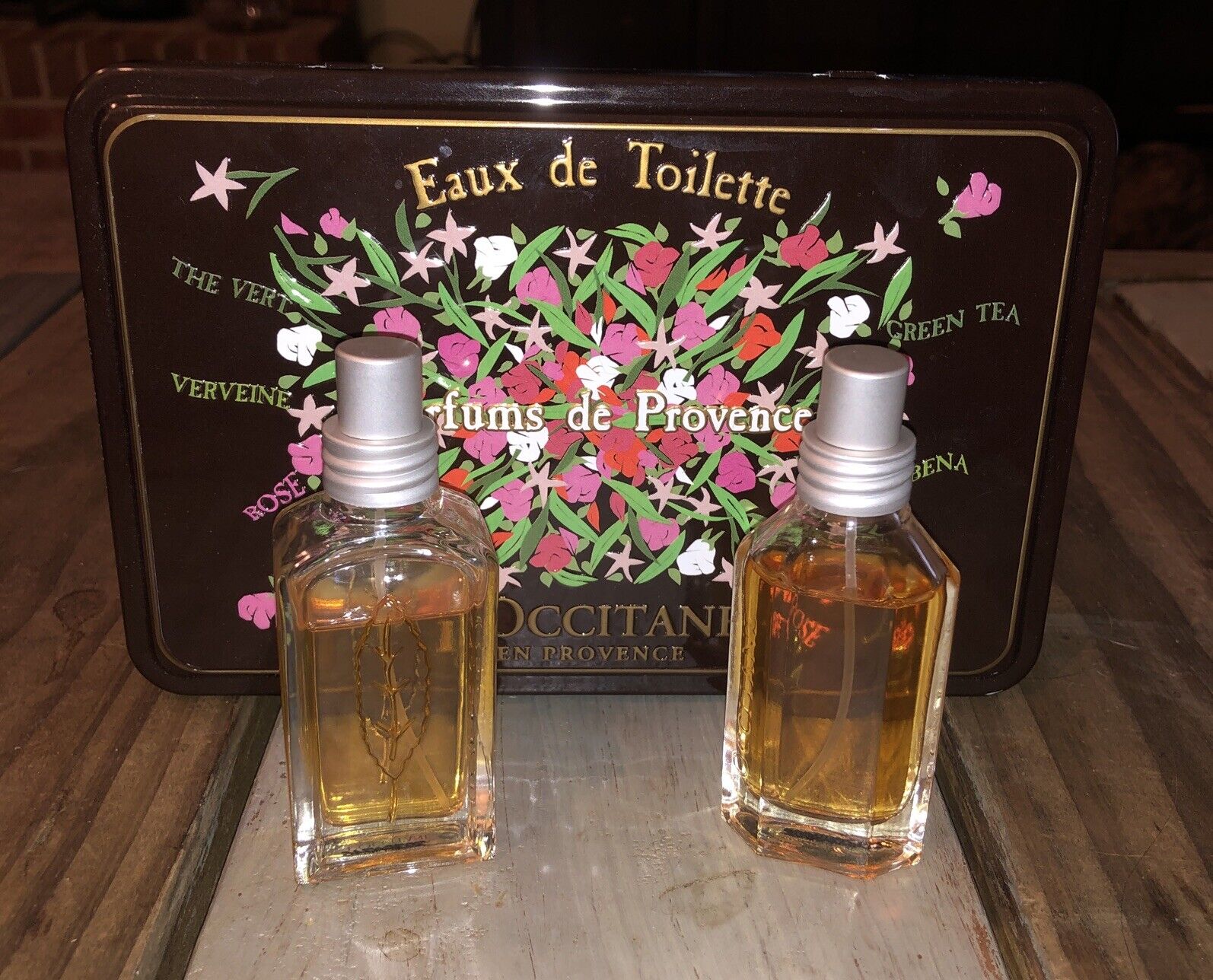 L\'Occitane Collection EDT .7 Oz x 2 Parfums De Provence Green Tea & Verbena Tin