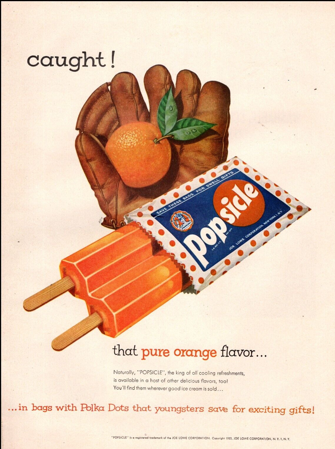 1953 Vintage Ad for POPSICLE Pure Orange Flavor , in Polka Dot Bags 062424