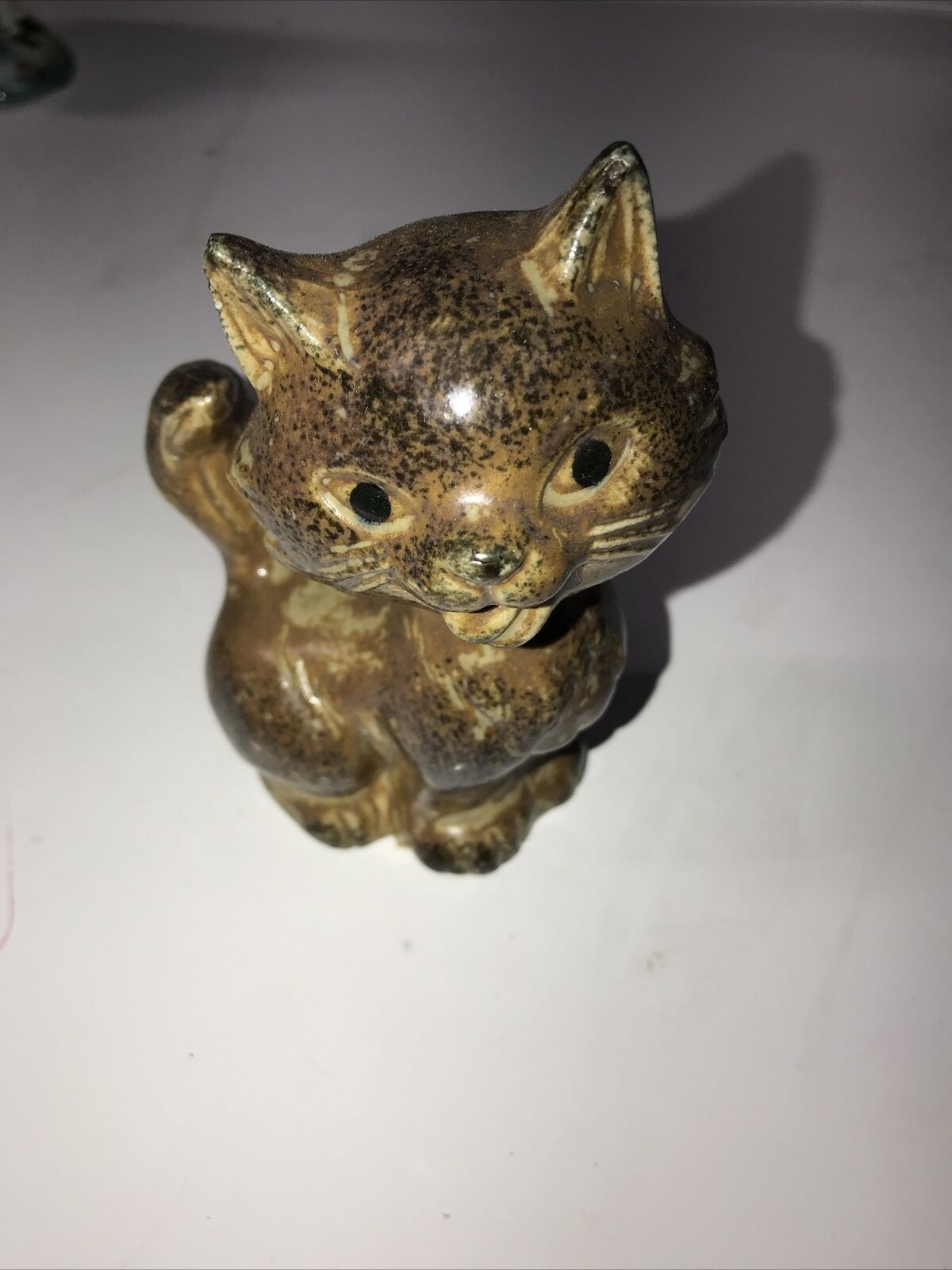 Vintage Cat Figure Brown Painted Ceramic Tongue Out Happy 1975