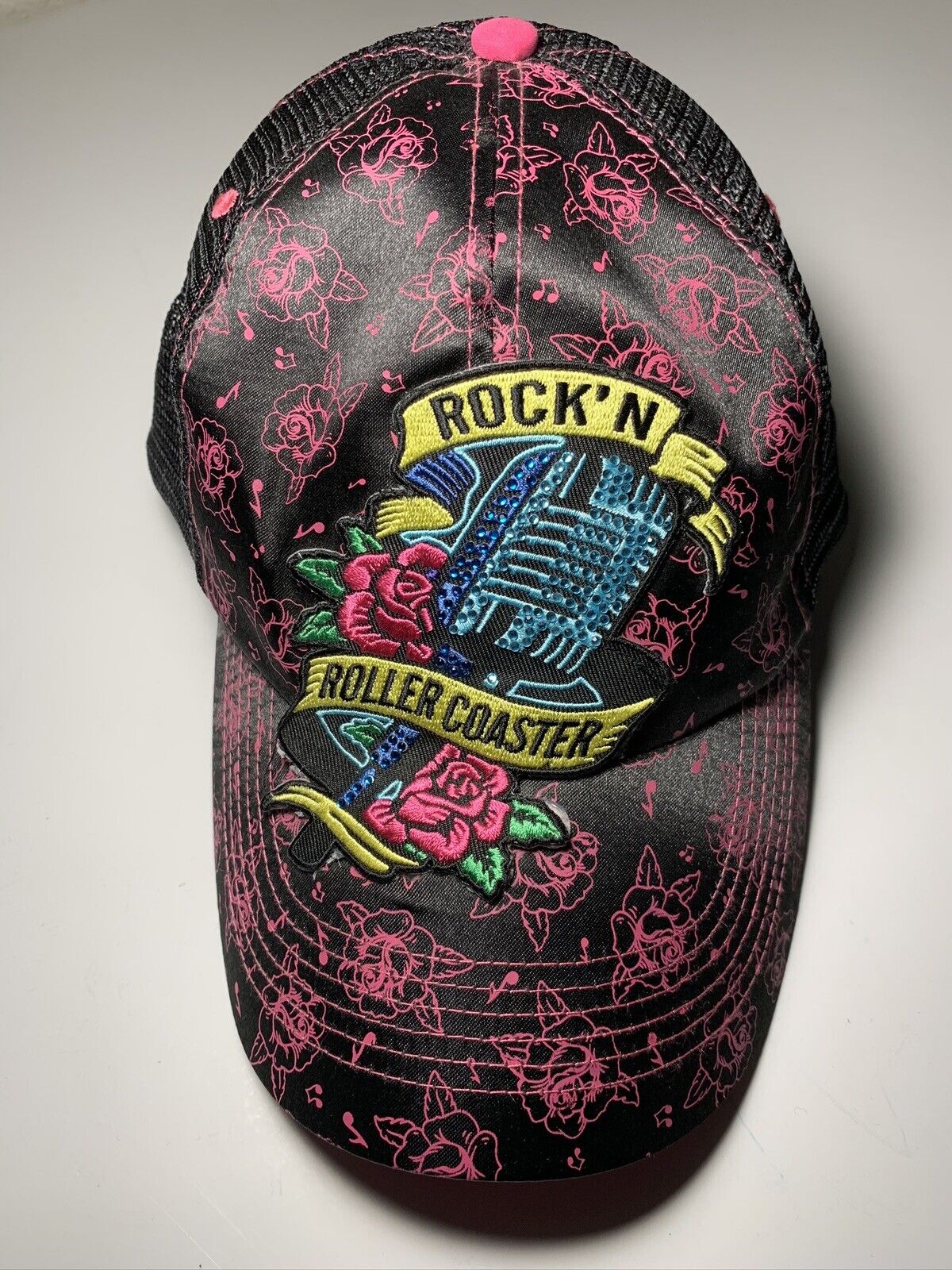 Disney Rock'N'Roller Coaster Baseball Cap Black/Red Roses Printed & Mic Patch 