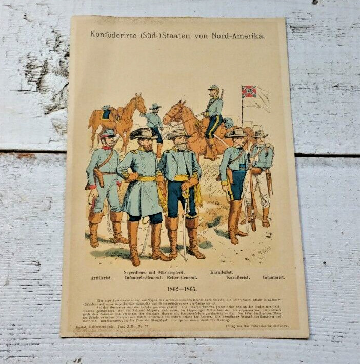 Antique German Illustration of Confederate Soldiers Uniforms Vtg Old Military