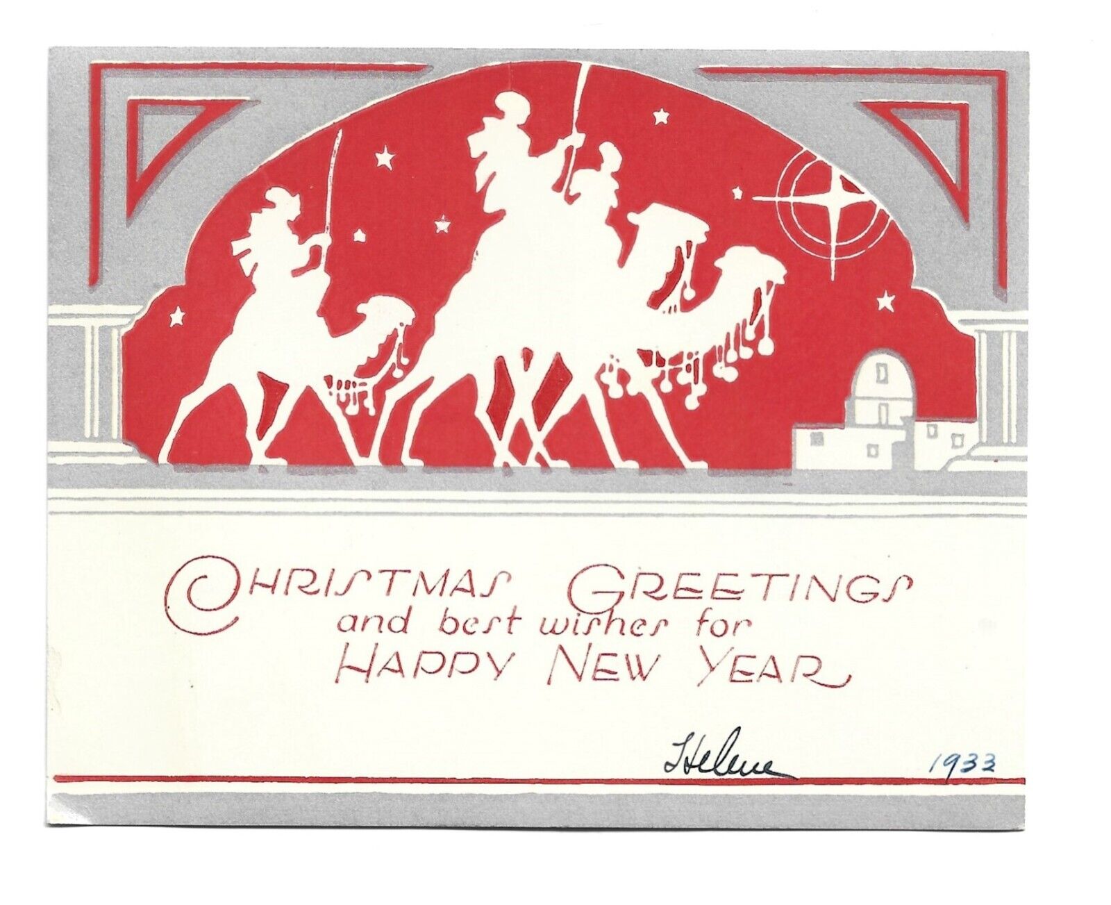 Vtg Christmas Card Silhouette Wise Men Bethlehem Silver Red-Orange Art Deco 1933