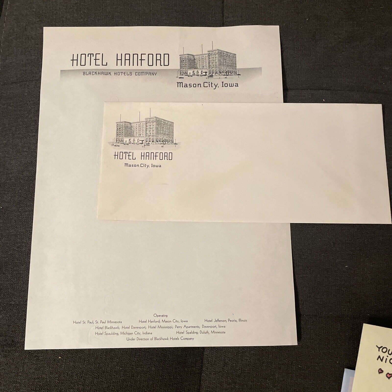 Vintage 1930s Mason City, Iowa Hotel Hanford Stationary Letterhead & Envelope