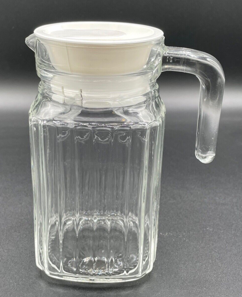 Vintage ARC France Clear Glass Ribbed Refrigerator Pitcher w/Handle 6.50\