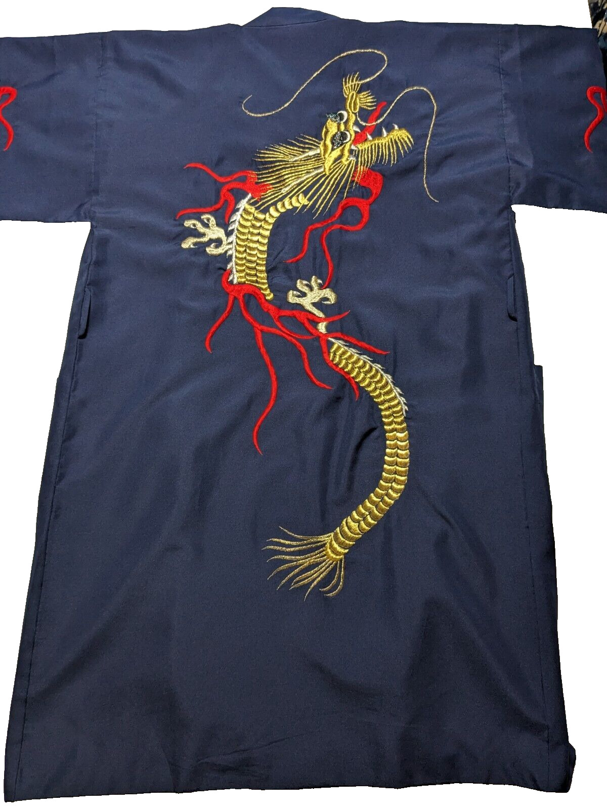 GOLDEN DRAGON Embroidered Blue Red Lined Japanese Kimono Made In Japan