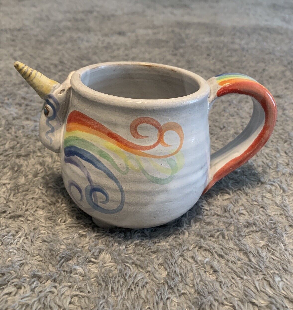 MudWorks Pottery Hand Thrown Elwood The Rainbow Unicorn Footed Coffee Mug USA