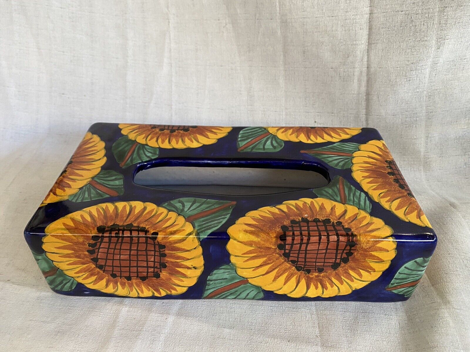 Mexican Talavera Tissue Box Holder Pottery Folk Art Handmade Sunflower Yellow 