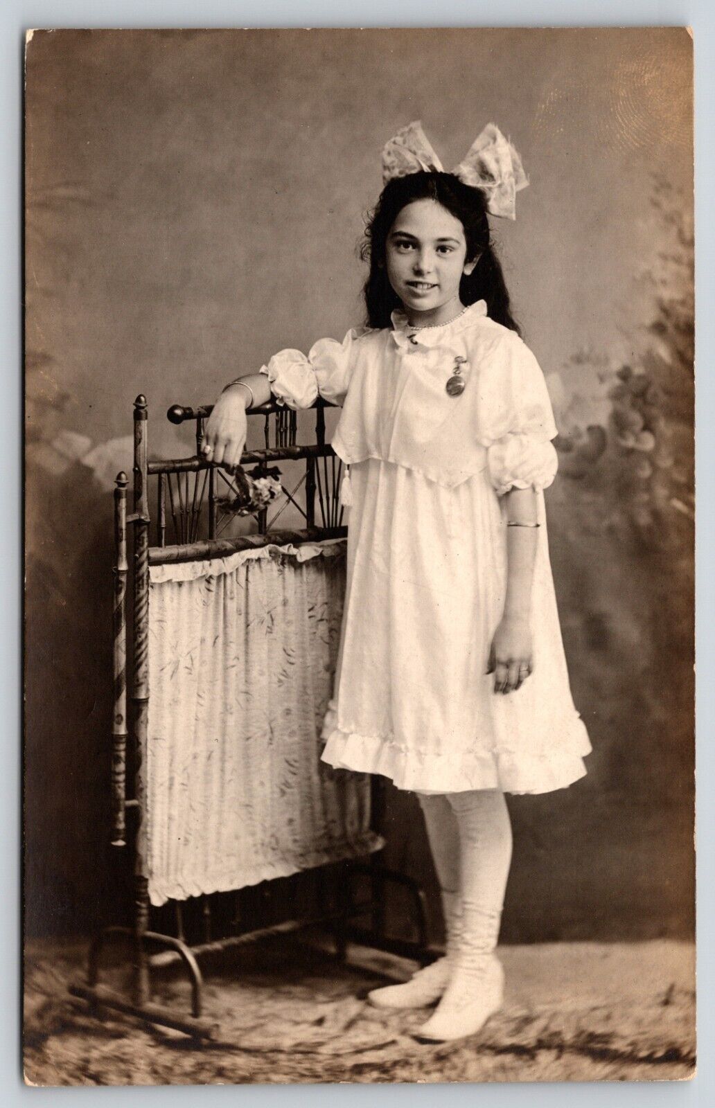 Postcard RPPC 10 Year Old Girl in White Dress with Room Screen Real Photo 1917
