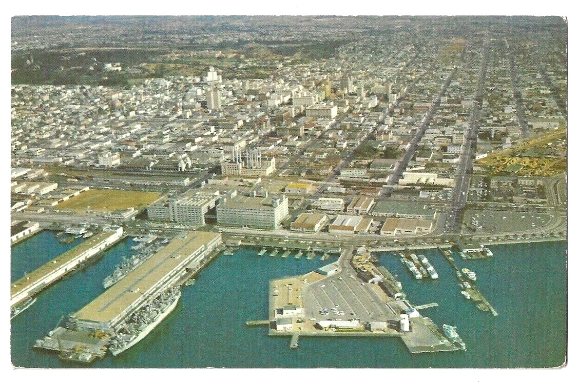 San Diego California c1950's aerial view downtown business district, waterfront
