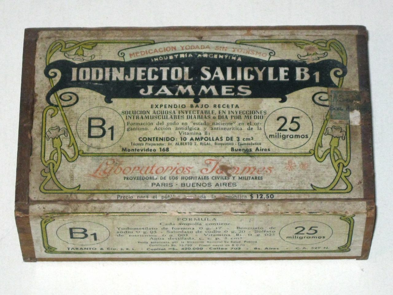 Antique IODINJECTOL Salicycle B1 Jammes WOODEN Advertising BOX Argentina Ampoule