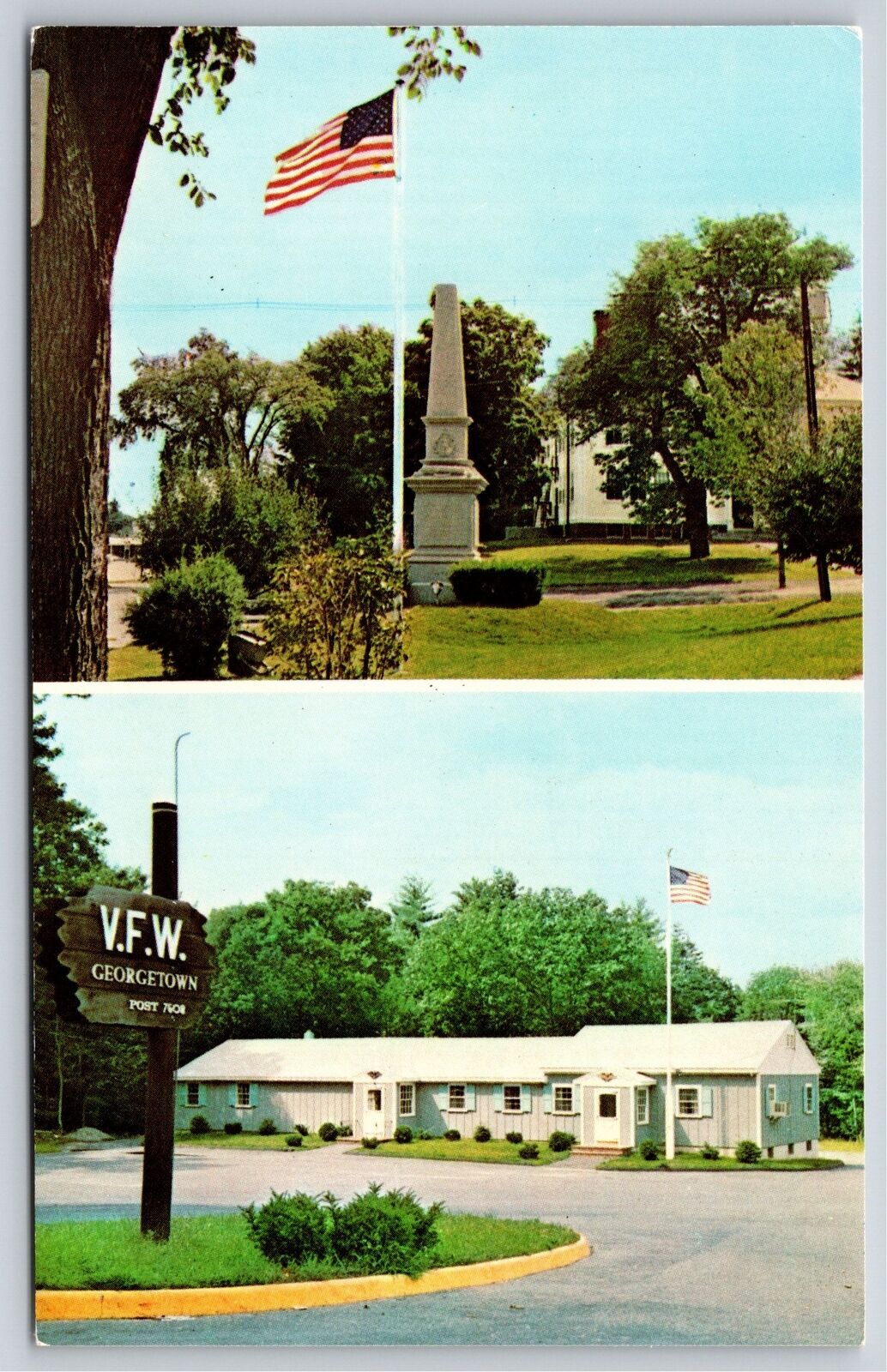 Georgetown Massachusetts~Flag By Cicil War Monument @ VFW Post~Vintage Postcard
