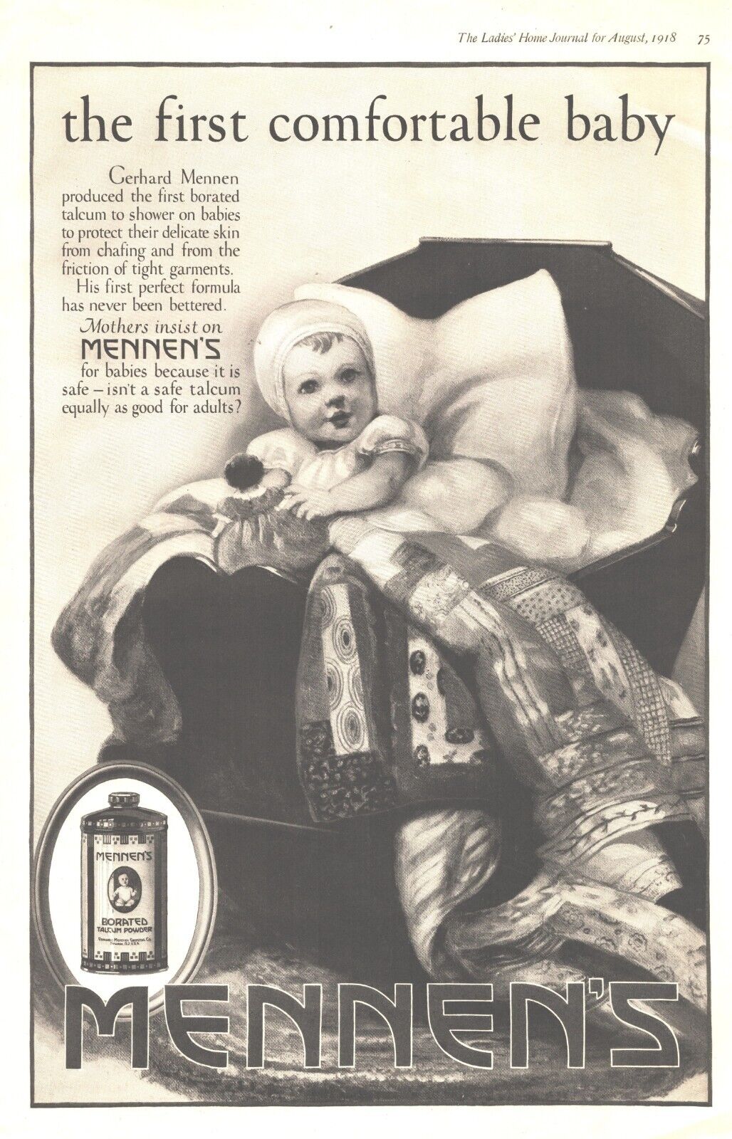 1918 Mennens Borated Talcum Antique Print Ad WW1 Era The First Comfortable Baby