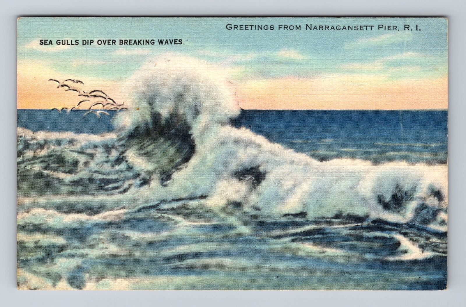 Narragansett Pier RI-Rhode Island, Sea Gulls Dip Waters, Vintage c1939 Postcard