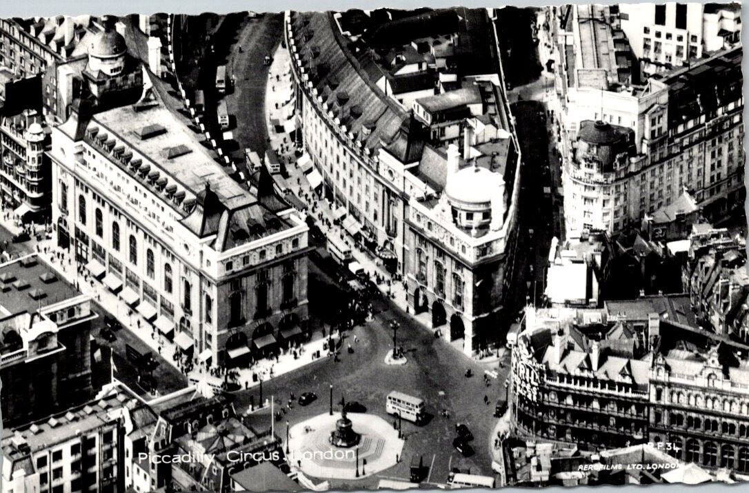 Vintage real photo postcard - Piccadilly Circus London aerial view unposted