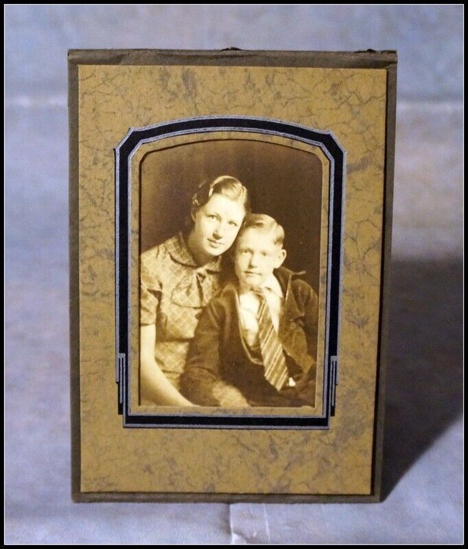Vintage B&W Photograph Mother & Son Art Deco Studio Holder 2.5 X 3.5 in #A2994