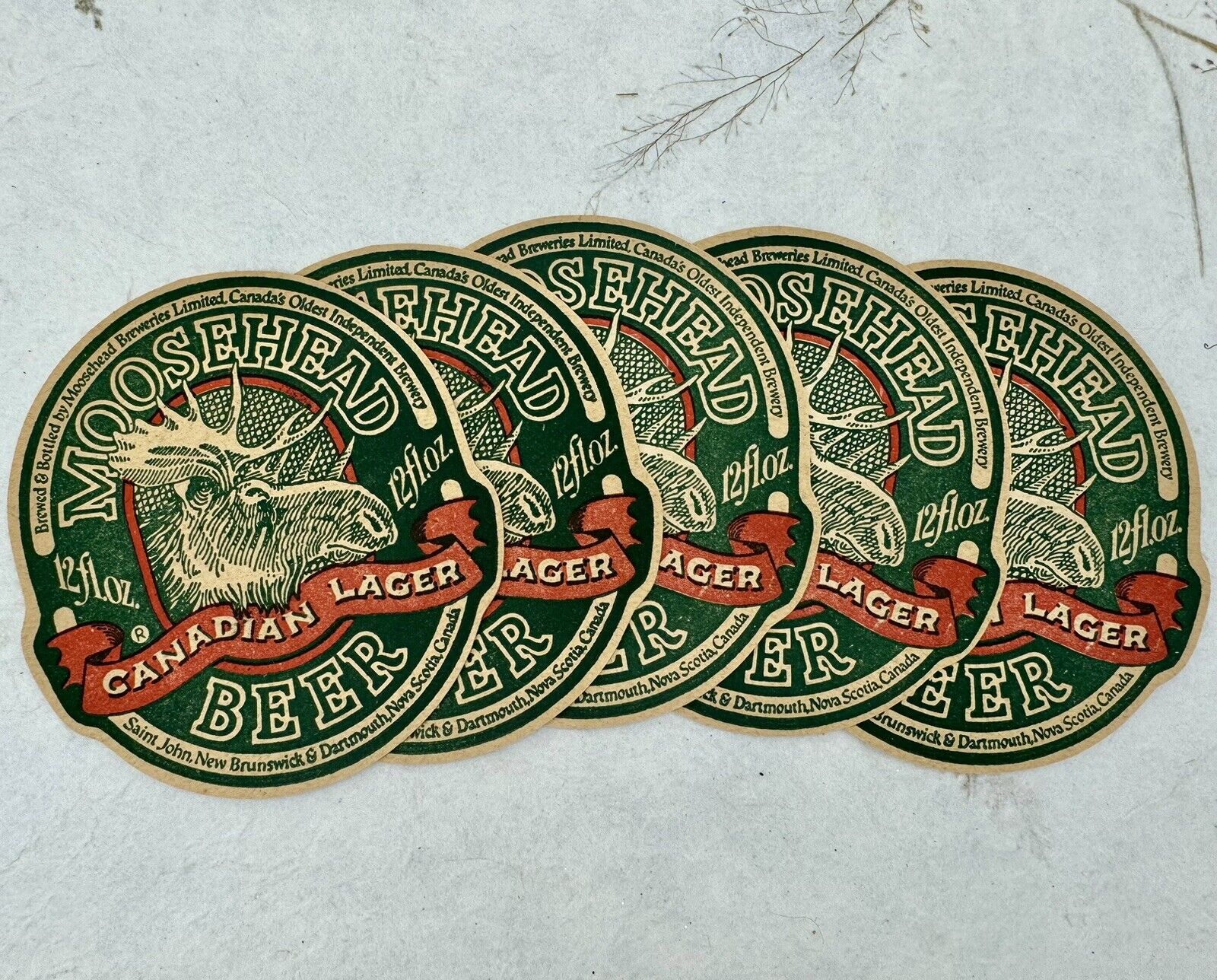 5 Vintage Moose Head Canadian Lager Beer Cardboard Two-Sided Beer Coasters NOS