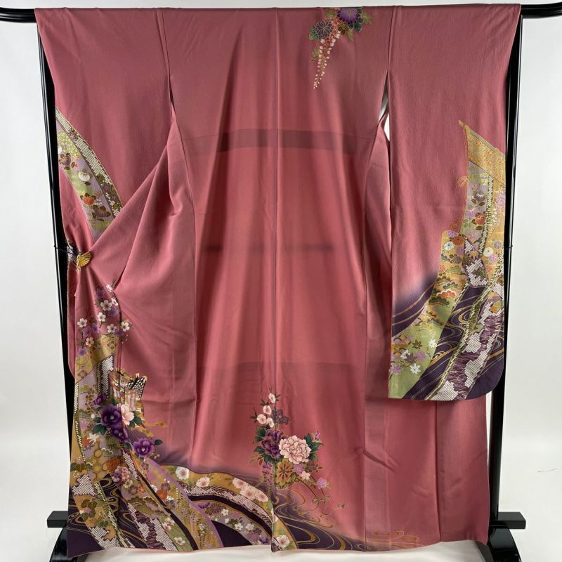 65.7inc Japanese Kimono SILK FURISODE Imperial car Flowers Pink