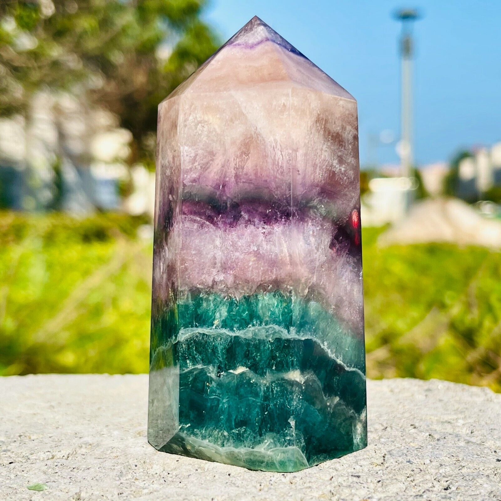 398G Top Colorful Natural Fluorite Quartz Crystal REAL Wand Point Healing