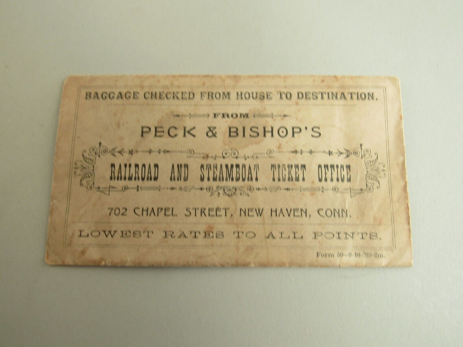 Antique Vintage Peck & Bishop\'s Railroad & Steamboat Ticket Envelope Only