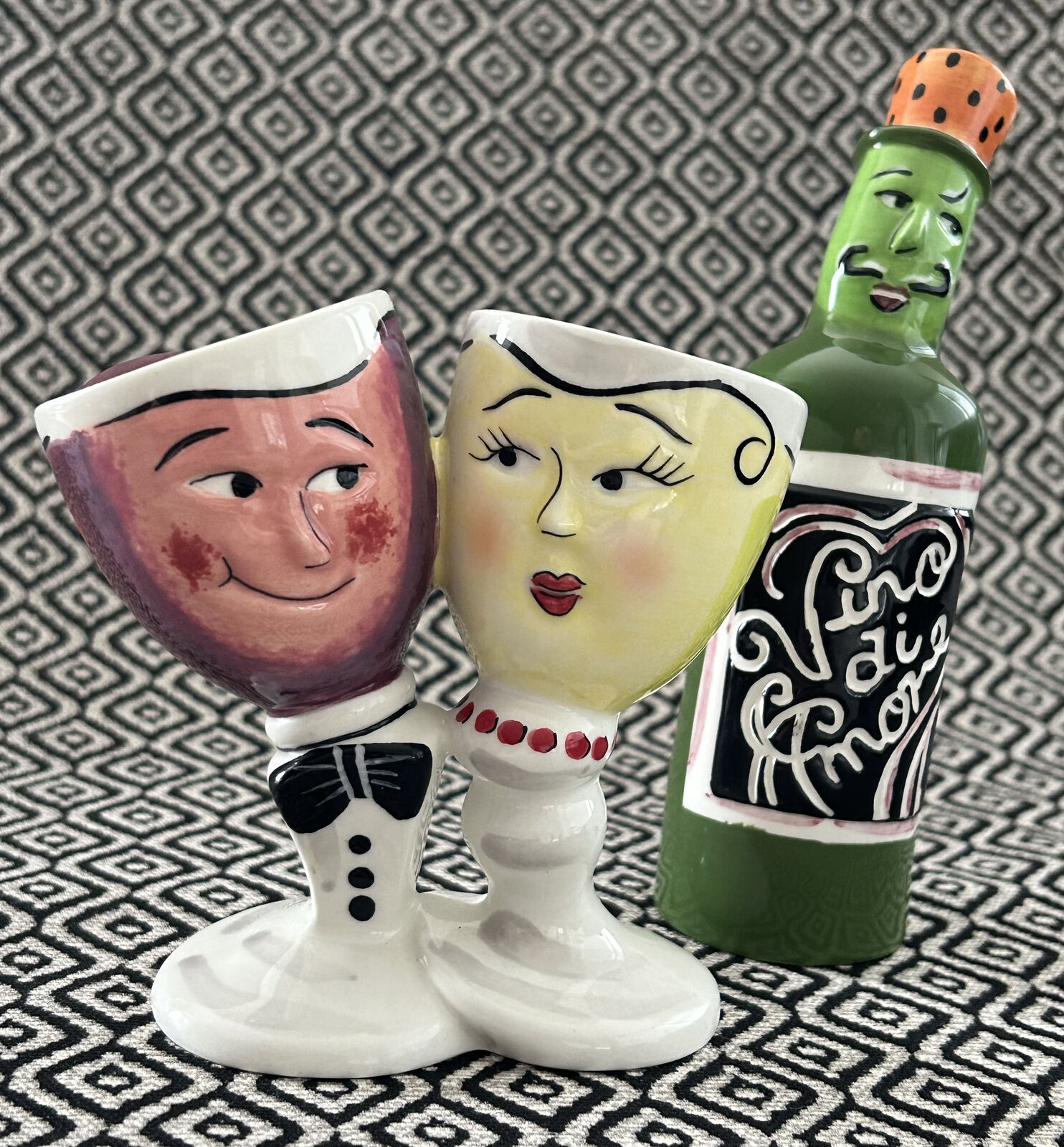 Vintage Clay Art Anthropomorphic Wine Glasses and Bottle Salt & Pepper Shakers