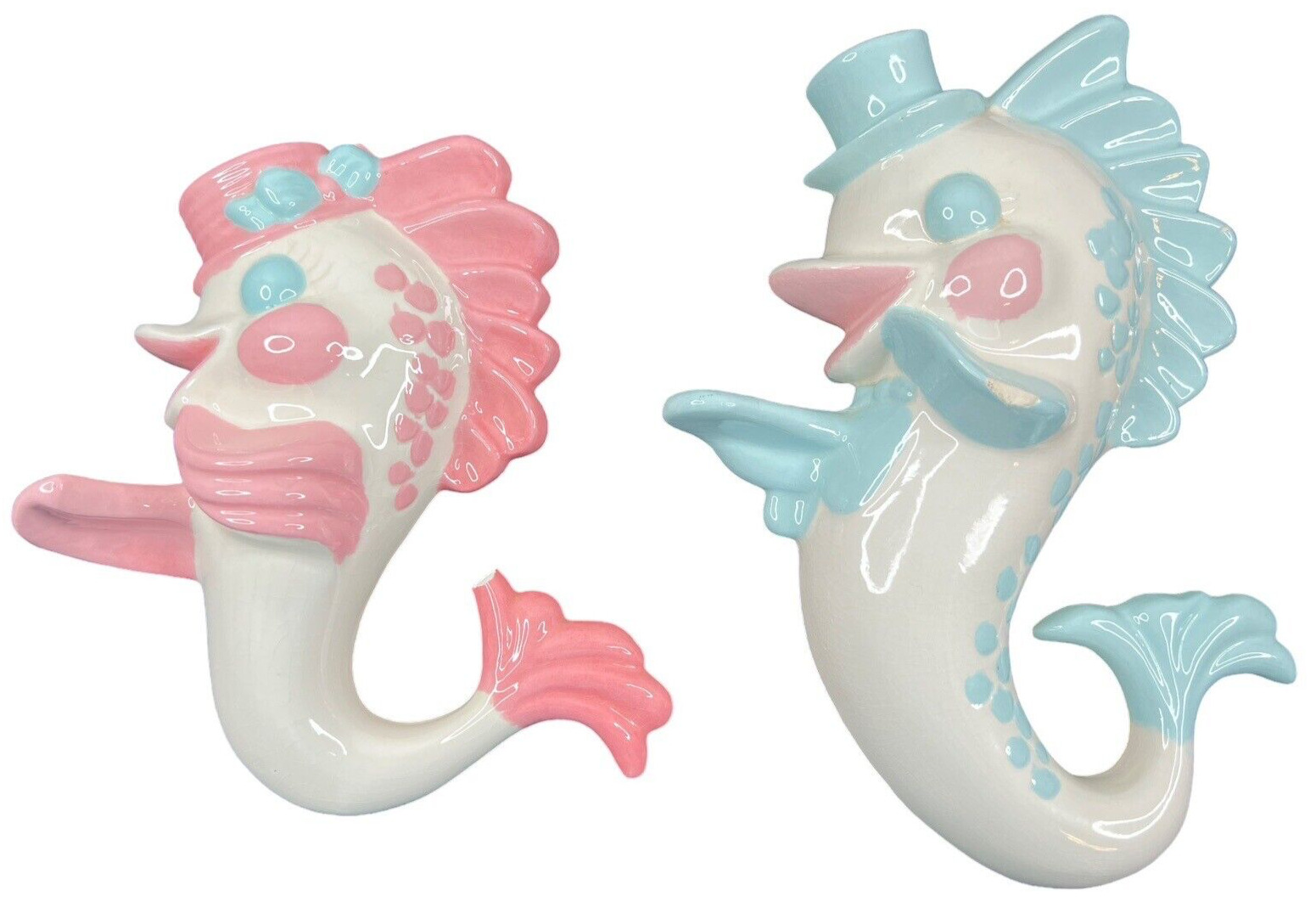 2 Vintage Anthropomorphic Fish Blue Pink in Hats Kitschy Wall Hangings DAMAGED