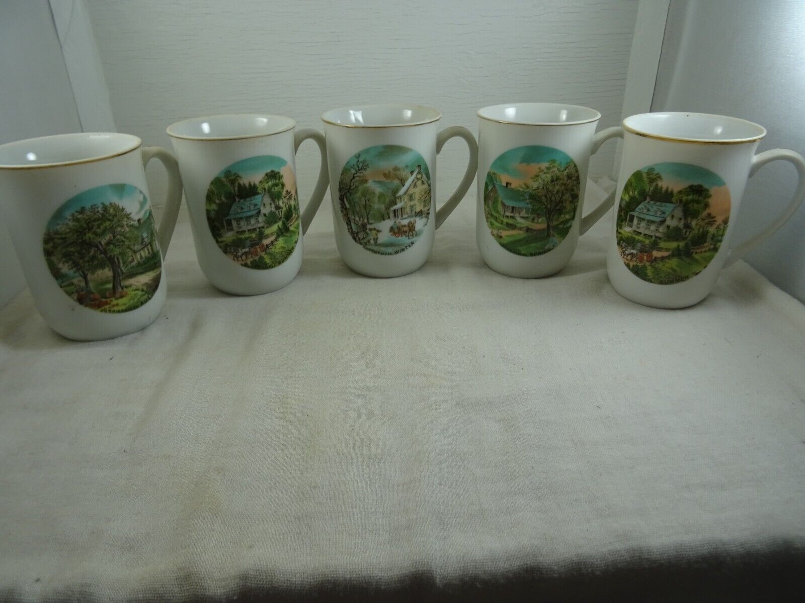 Vintage Currier & Ives Season\'s Gold Trim Porcelain Coffee Cup set Japan 5 pcs