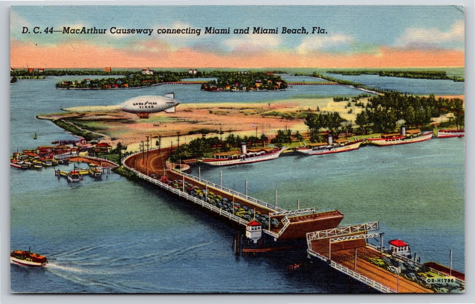 Transportation~Air View MacArthur Causeway To Miami Florida~Vintage Postcard