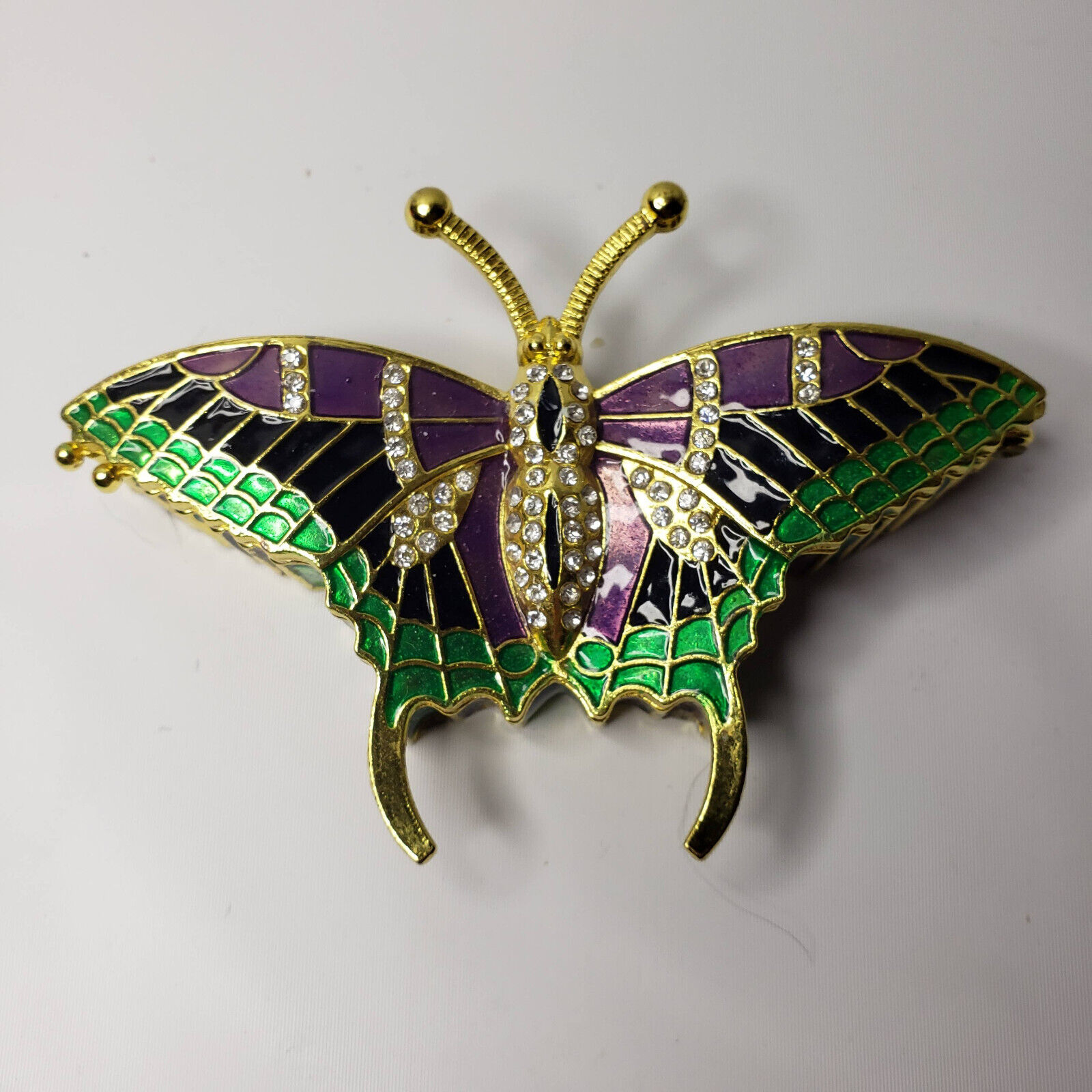 Enamel Butterfly Trinket Box purple green rhinestones gold tone