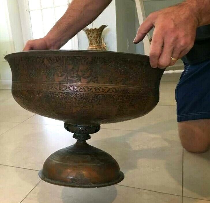 ANTIQUE SAFAVID TINNED COPPER FOOTED BOWL CALLIGRAPHY PERSIA ISLAMIC  XLARGE 19\