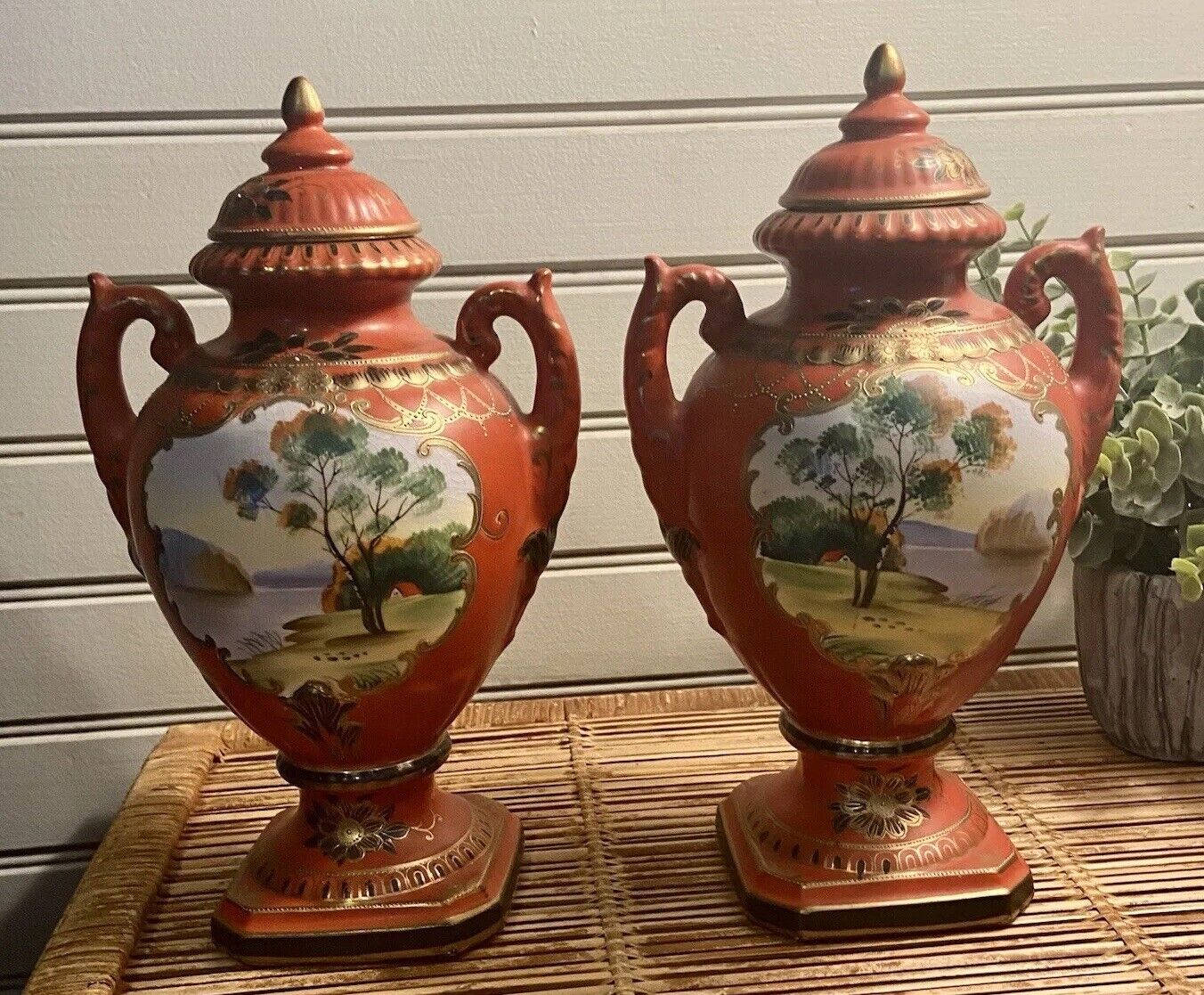 Vintage Fabulous Orange Porcelain Jar And Vase Set
