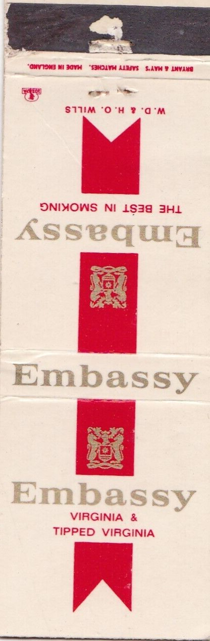 Embassy Cigarettes England Matchbook 1960\'s