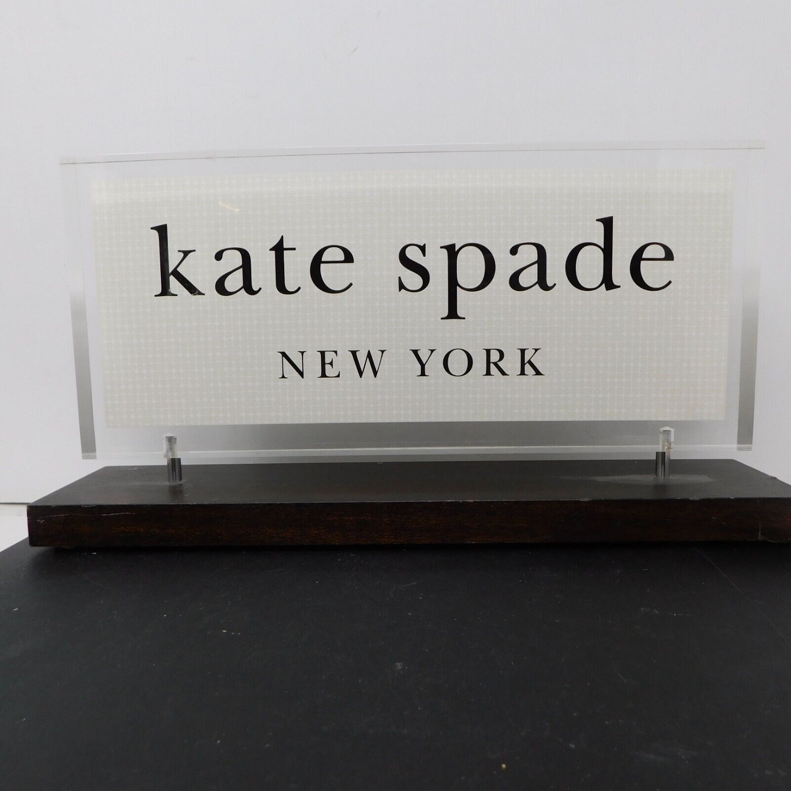 KATE SPADE New York Store Display Sign Promotional Clear Lucite Wooden Base
