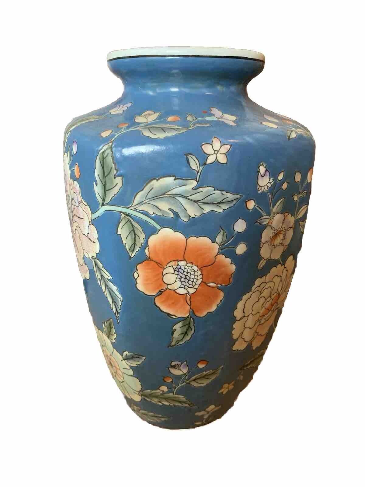 Vintage 1950s Blue Porcelain Large (12”) Hand Painted Japanese Vase From Macau
