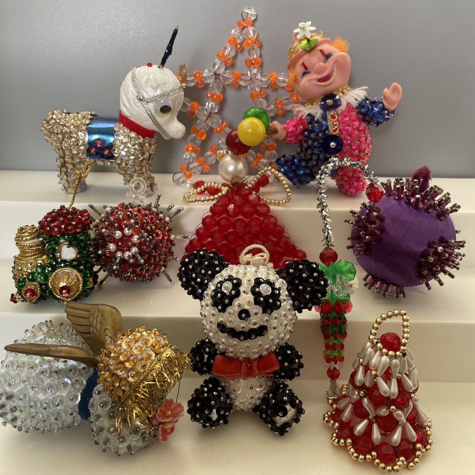 Vintage Sequin Push Pin Beaded Christmas Ornament Lot Clown Bell Panda Angel