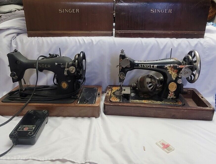 Two Vintage Original Singer Sewing Machines with Matching lid (Cover)