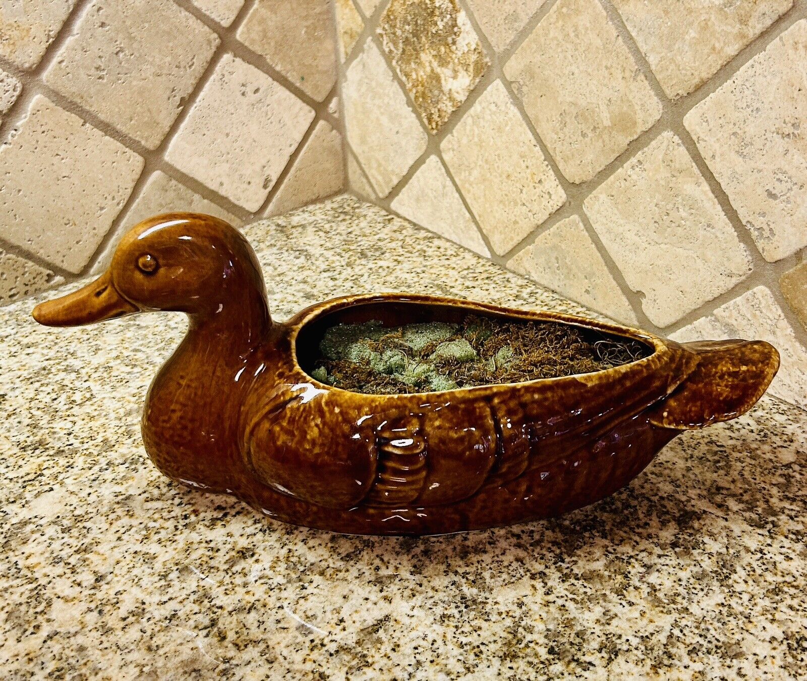 Brown glazed ceramic duck planter mid-century modern W/ floral foam 14”L -  EUC