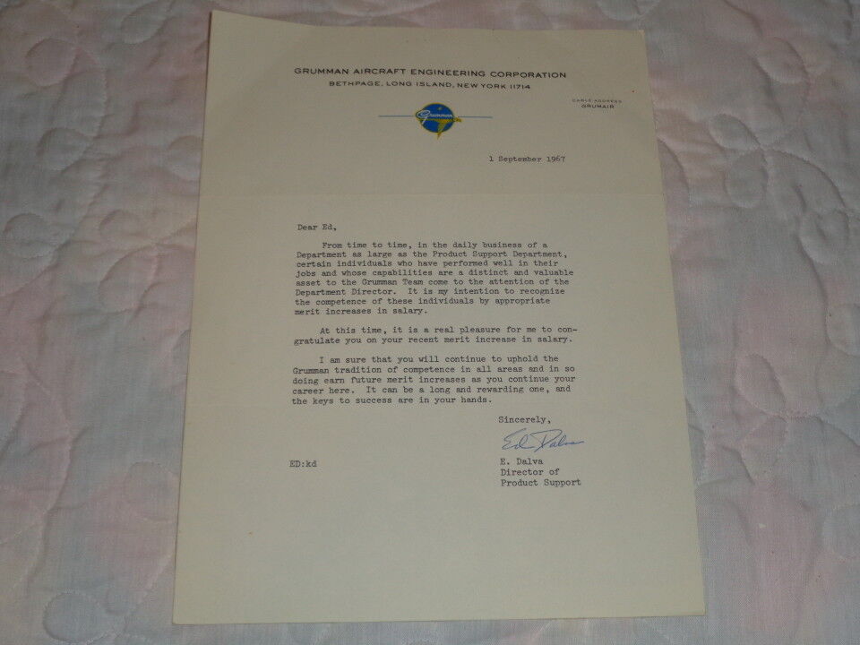 1967 Original Grumman Aircraft Engineering Corp. Letter Signed by Ed Dalva