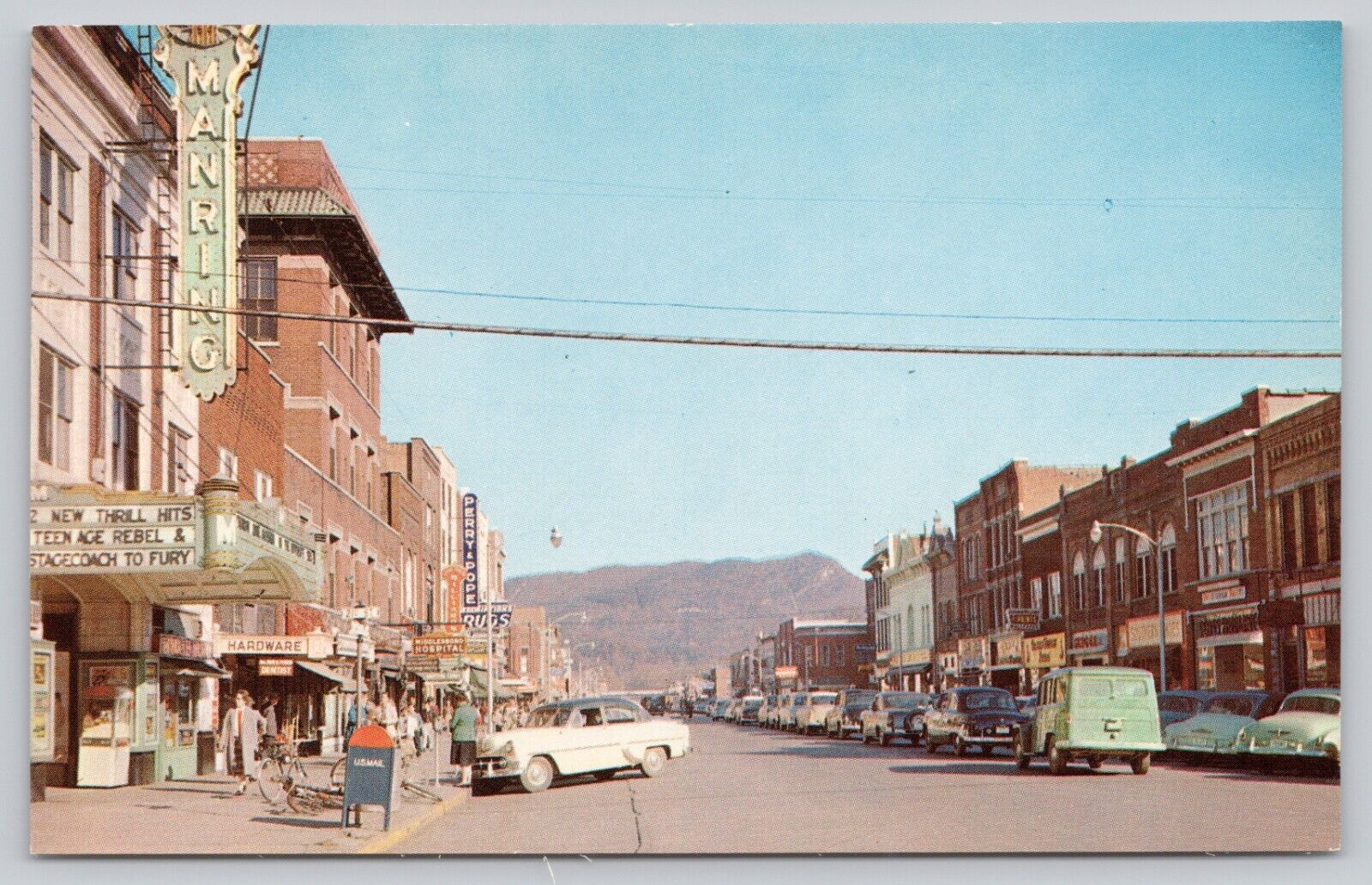 Postcard Middleboro KY Street Scene Showing Manring Theatre and Hardware Store