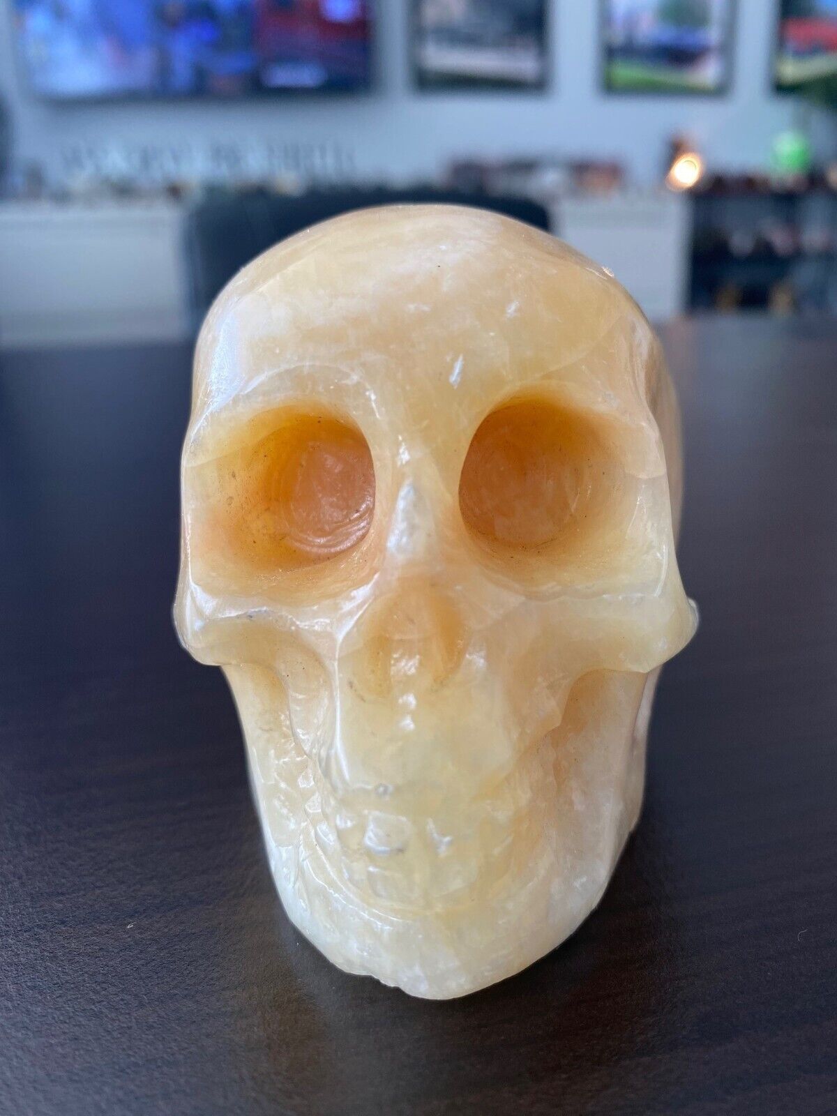 US SELLER hand carved Honey Calcite Crystal Quartz skull detail 3.25LX2.5Lx2.5H